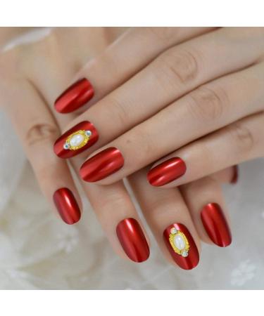 CSCH Classic Pearl Short Artificial Nails - Elegant Metallic Red Round Tips for Nail Art | Perfect Fake Nails for International Shipping - Buy Online on GoSupps.com