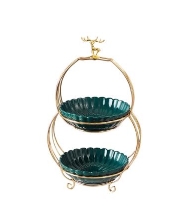 Fruit Basket Bowl Ceramics Fruit Plate 2-Tier Fruit Bowl Dessert Fruits Candy Food Display for Kitchen Countertop Bread Snacks Green