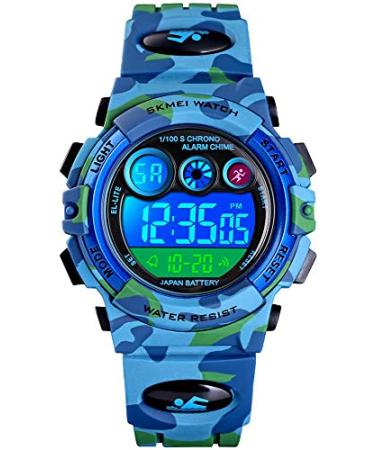 FANMIS Kids Sport Watches LED Electronic Digital Watch Multifunction 50M Waterproof 2 Time Stopwatch Colorful Backlight Wristwatch B Blue Camouflage