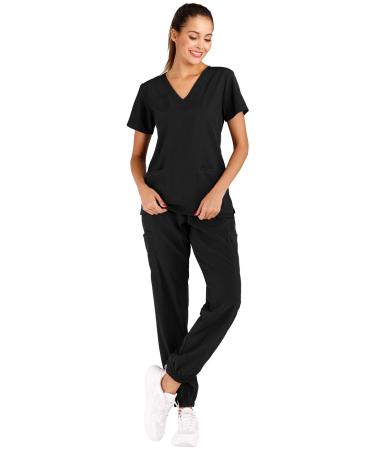 Minty Mint Women's Solid Stretch Medical Uniform Scrub Set V Neck Top Cargo Tapered Jogger Pants Medium Black1