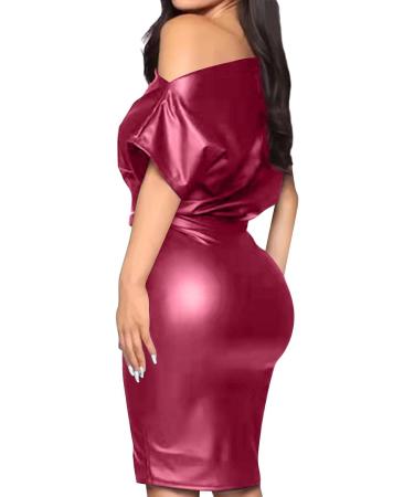 Faux Leather One Shoulder Party Dress Wine X-Large | Short Sleeve Mini Clubwear Evening Dress for Women - Buy Online on GoSupps.com