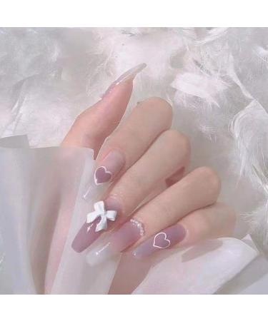 Temperament Enhancement Nail Patch Hand-Customized Nail Dressing Summer New Little red Book Love Bow Pink Glitter Fake Nails Detachable (10-Piece Pack) (Size : S) Small