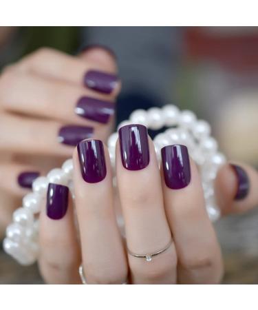 Dark Purple Pure Color Press on Nails | UV Full Cover Short Squoval Shape Reusable Fake Nails - 24 Nail Kit with Jelly Glue Pad - Buy Online on GoSupps.com