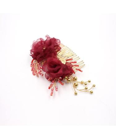 Handmade Red Flower Lace Bridal Hair Comb - Elegant Wedding Side Comb for Women - Buy Online on GoSupps.com