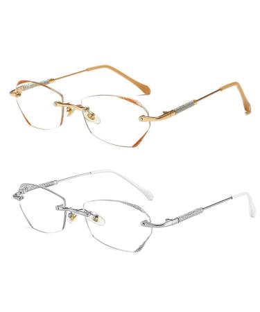 Glassesify Women s Diamond Rimless Anti-Blue Light Presbyopia Glasses Ultra Light Frameless Reading Glasses 2pcs 1 x