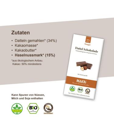 Makri Bio Dattel Chocolate - Vegan Fair Trade No Refined Sugar 50% Nougat (5 Plates) - Sweetened with Dates - Buy Online on GoSupps.com