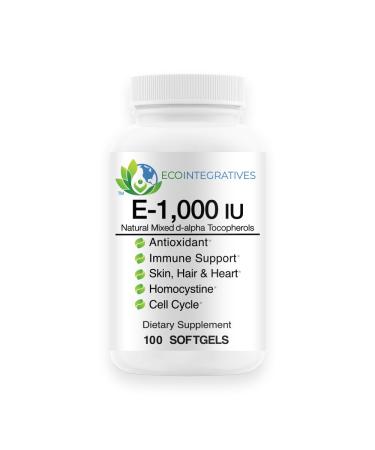 EcoIntegratives Bio-E 1000 IU All Natural Forms of Vitamin E Mixed Tocopherols Antioxidant Skin Hair Immune Support Cellular Respiration Cardiovascular & Brain Health* 100 Softgels