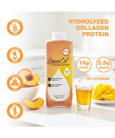 LiquaCel Concentrated Liquid Protein Peach Mango Flavor Ready-to-Drink 16g Hydrolyzed Collagen Protein and 2.5g Arginine Per 1oz Serving Sugar & Gluten Free 32 fl oz Bottle Peach Mango 32 Fl Oz (Pack of 1) - Buy Online on GoSupps.com
