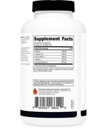 Primal Nitric Oxide Booster (2 250mg Per Serving) (180 Capsules) - 60 Servings - Buy Online on GoSupps.com