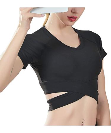 DREAM SLIM Women's Workout Crop Top - Cross Dance Yoga, Slim Fit Stretchy Shirt (Black, Medium) - Buy Online on GoSupps.com