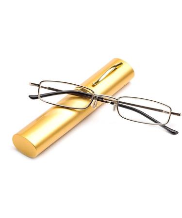 Kokobin flexible metal reading glasses visual aid feather-hinge reading aid unisex reader with glasses case such as pen holders (gold 1.0) gold +1.0 dioptries