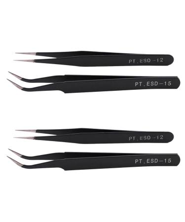 Duendhd 4X Nail Art Rhinestones Eyelashes Extension Straight & Curved Tweezers Tool Set-Black