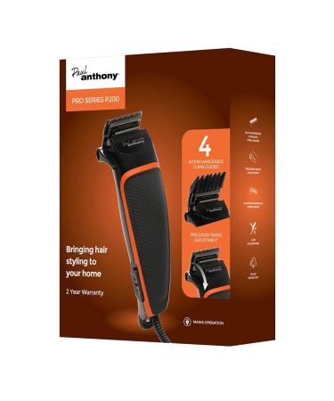 Paul Anthony 'Pro Series P200' Corded Hair Clipper - Lightweight - Self Sharpening Stainless Steel Blades - 4X Comb Guides - Precision Taper - Powerful Quiet Motor - Black/Orange - H5124