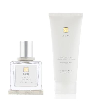 Zents Two-Piece Gift Set for Women (Sun Fragrance) | Eau de Toilette & Hydrating Body Lotion | Long-Lasting Perfume with Vanilla & Sandalwood | Nourishing Body Cream | 1.7 fl oz & 6.4 fl oz
