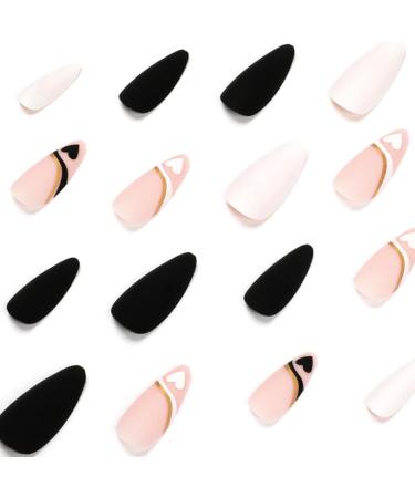 Pink French Stiletto Fake Nails - 24Pcs Swirl & Heart Pattern False Nails with Nail Glue - Almond Black White Tips for Women & Girls Nails Art - Buy Online on GoSupps.com