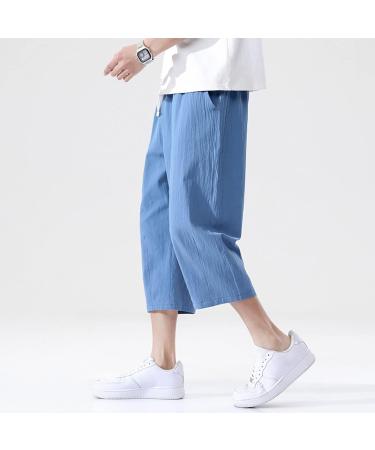 CEWIFO Men's 3/4 Casual Shorts | Elastic Waist Wide Leg Bermuda Pants - Lightweight Cotton Yoga & Beach Wear - A1-Blue XXL - Buy Online on GoSupps.com