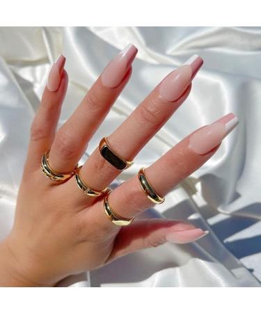 Sethexy French coffin false fingernails ballerina false nails glossy nails to stick 24st acrylic art you press on nail tips for women and girls