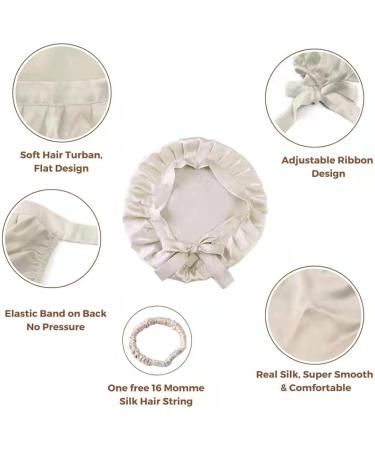 Satin Silk Bonnet - 100% Mulberry 19 Momme Sleep Cap with Ribbons - Beige - Buy Online on GoSupps.com