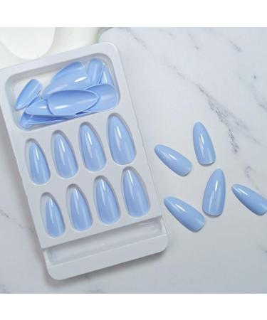 Light Blue Almond Press On Nails - 24PCS Glossy Fake Nails for Women & Girls - Solid Color Stick On Nails for Daily Wear - Buy Online on GoSupps.com