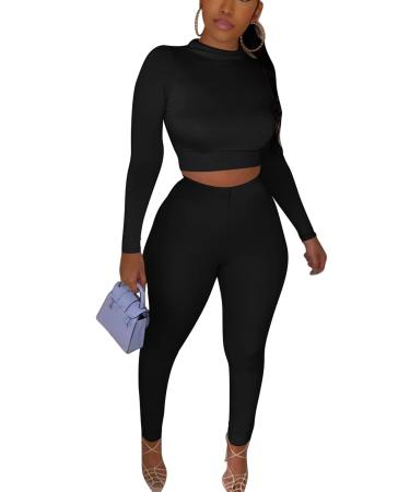 Kaximil Women's Workout Tracksuit 2 Piece Outfits Long Sleeve Crop Top High Waist Legging Pants Set X-Large Black