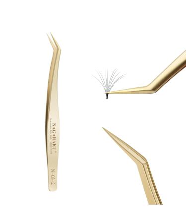 Nagaraku tweezers for eyelash extensions Professional precision tweezers gold long lace bent for volume clusters simple fan eyelashes light stainless steel tweezer (n-03-2)