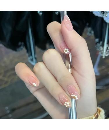 Sethexy bling false nails Strass glossy nails stick pink square 24st acrylic short fingernails for women and girls (flower)