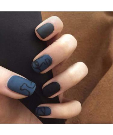 Sethexy matt short square false fingernails abstract black complete cover acrylic you press false nail tips for women and girls