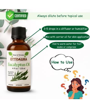 OTTO AURA Pure Eucalyptus Essential Oil 4 Fl Oz (118ml) Premium Grade with Glass Dropper - Buy Online on GoSupps.com