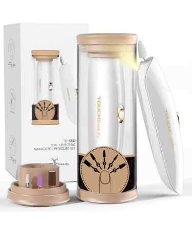TOUCHBeauty Electric Nail Drill 5 in 1 Manicure & Pedicure Set Electric Nail Files with LED Light for Acrylic Nails with Buffer Polisher Shine Sharper AG-1333 (Gold)