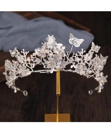 Foyte Butterfly Crowns and Tiaras Flower Rhinestone Bride Crown Baroque Queen Tiaras Pearl Headpiece for Women and Girls