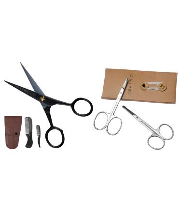 ONTAKI 3 Scissors pack - 1 German Beard & Mustache Scissors With Comb - 2 Facial Grooming Nose Hair Scissors - (1 Curved Blade Tip & 1 Safety Blunt Rounded Tip)