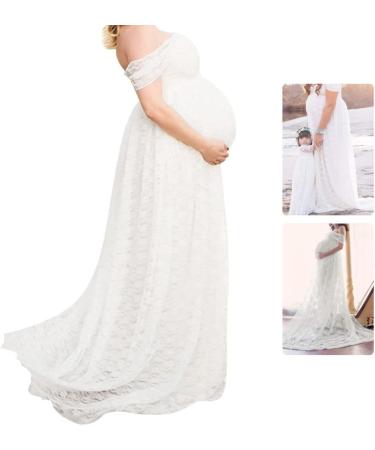 Odoukey Lace Strapless Maternity Gown - Floral Pregnancy Dress for Photoshoot - White (S) - Buy Online on GoSupps.com