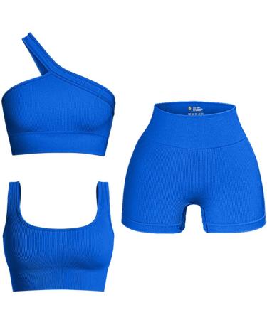 OQQ Women's 3 Piece Outfits Ribbed Seamless Exercise Scoop Neck Sports Bra One Shoulder Tops High Waist Shorts Active Set Blue Small