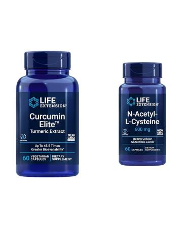 Life Extension Curcumin Elite Turmeric Extract & N-Acetyl-L-Cysteine (NAC) Immune Respiratory Liver Health NAC 600 mg Potent antioxidant Support Free-radicals Easy to Absorb 60 Capsules