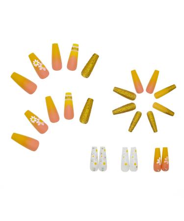 RikView Luxury French Yellow Coffin Press on Nails - Long Matte Acrylic Fake Nails with Gold Powder Design for Women - Yellow & Flower Design - Buy Online on GoSupps.com