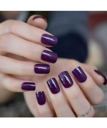 iBeautying Press on Nails - Dark Purple Pure Color False Nails | UV Full Cover Finish Short Squoval Shape Reusable Fake Nails in 10 Sizes - 24 Nail Kit with Jelly Glue Pad 100C