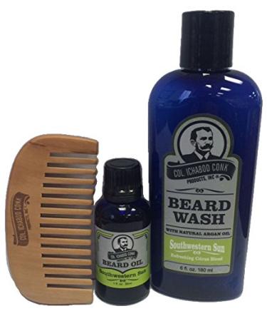 Colonel Conk Beard Wash Kit - Beard Wash Beard Oil and Wooden Beard Comb - Southwestern Sun Scent