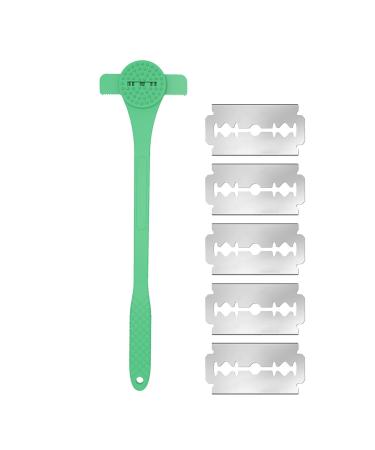 Back razor for men-long silicone handle flexible back trimmer razor-2-in-1 multifunctional anti-slip handle fur care massage tools for men boys men adults green