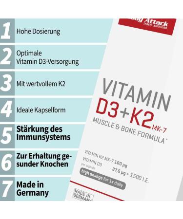 Buy Body Attack Vitamin D3 + K2 - High Dose Vegan Capsules | 100mg K2 & 37.5mg D3 for Optimal Health | International Shipping Available - Buy Online on GoSupps.com