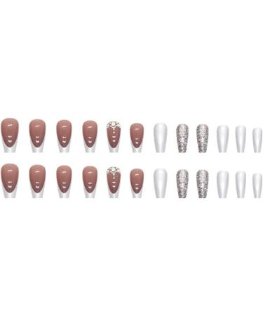 JUSTOTRY 24 Pcs Glitter French Press on Nails - Milky White Diamond Long False Nails for Women with Glue - Acrylic Coffin Ballerina Stick on Nails for Nail Art - Buy Online on GoSupps.com