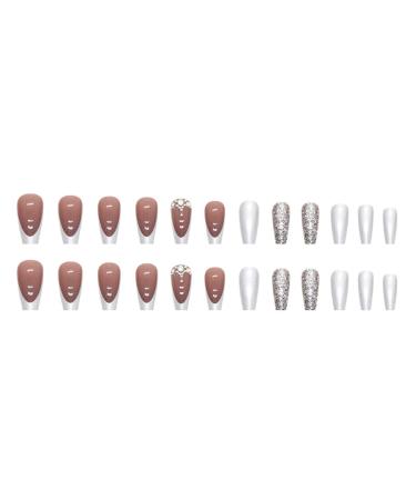 Justotry 24pc Glitter Coffin Nails - Milky French Press-On Nails with Rhinestones & Glue | Stylish Artificial Ballerina Nails for Women - Buy Online on GoSupps.com