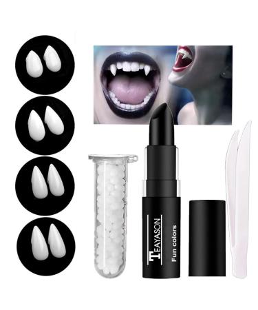 Go Ho Halloween Vampire Fangs Fake Teeth Makeup and Black Lipstick Kit 4 Sizes Halloween Decorations Party Cosplay Props 4 Pairs Vampire Fangs Teeth with Adhesive Glue Vampire Accessories Gift Vampire Fangs Teeth Kit + Black Lipstick Set