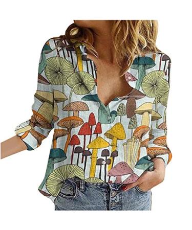 Women V Neck Button Down Blouse Mushroom Allover Printing Fashion Shirts Casual Long Sleeve Tops T-Shirt Multicolor Medium
