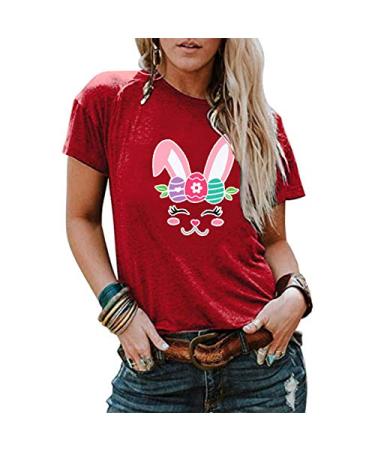 Hemlock Women Easter Bunny PRNT Tops Cute Short Sleeve Tees Graphic Shirt Summer Top Funny Easter Shirts X-Large Red