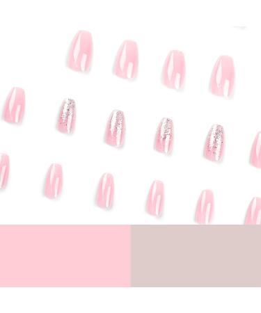 Shop 24pcs Medium Length Pink Gradient Square Press-On Nails with Glitter | Full Cover Glossy Fake Nails & Glue for Women - Buy Online on GoSupps.com