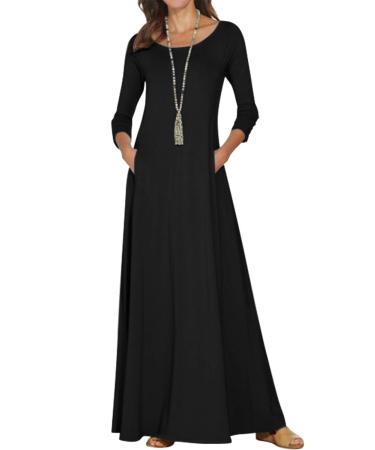 Jacansi Women's 3/4 Long Sleeve Maxi Dresses Casual Boat Neck Dress with Pockets 4XL Black