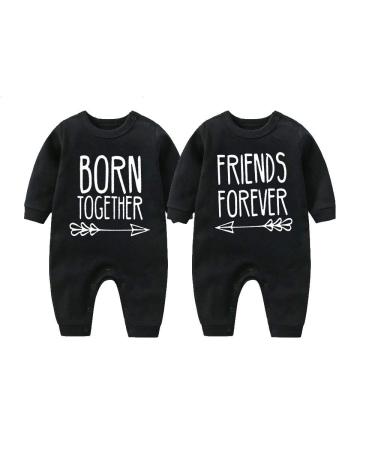 culbutomind Baby Twins Bodysuit Born Together Friends Forever Newborn Baby Unisex Romper Cute Outfit With Hat Set Black BFT 9-12 Months