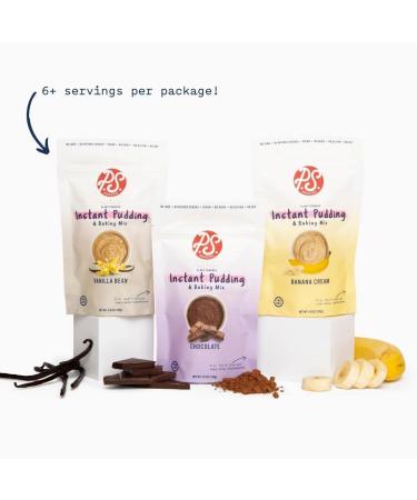 P.S. Snacks Instant Pudding & Baking Mix - Variety Pack (Vanilla Bean, Chocolate, Banana Cream) | Plant Based, Gluten Free, Dairy Free, Vegan | 70% Less Sugar | 4.9 oz (Pack of 3) - Buy Online on GoSupps.com