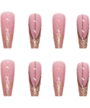 Justotry 24 Pcs Glitter Fake Nails Long Gold French Press On Nails | Beautiful Pink Ballerina Stick On Nails for Women | Acrylic Coffin False Nails with Glue for Nail Art - Buy Online on GoSupps.com