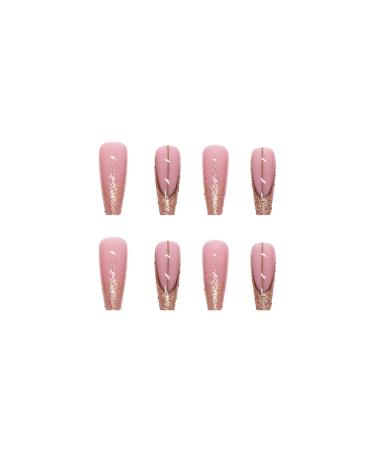 Justotry 24-Piece Gold Glitter Coffin French Nails - Glossy Pink & Coffee Ballerina Artificial Nail Art for Women | Stylish Fake Fingernails - Buy Online on GoSupps.com